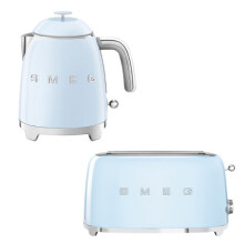 (Pastel Blue) Smeg KLF05 Retro 50's Style Small Mini Kettle 0.8L & TSF03 Retro 4-Slice Toaster Set