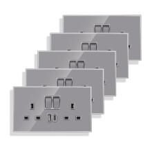 5 Pack Double Switched Socket 13A UK Plug with USB A & Type C Charging Ports, Crystal Glass Panel Wall Outlet Power Socket