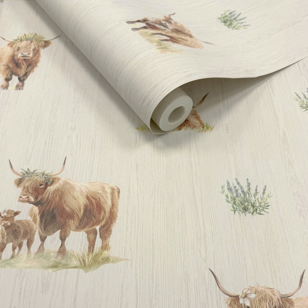 Neutral Highland Cow Wallpaper Subtle Wood Grain Texture Feature 5061103679277