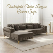 (Left Hand Chaise, Velvet Coffee Grey) Luxury Chesterfield Chaise Sofa Longue Velvet L Shape Corner Settee Couch Loveseat