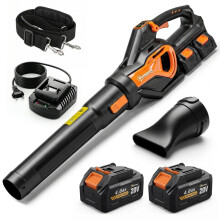 Souffleur-aspirateur de feuilles sans fil 20 V avec batteries et chargeur, mode turbo.