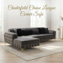 (Left Hand Chaise, Velvet Steel) Luxury Chesterfield Chaise Sofa Longue Velvet L Shape Corner Settee Couch Loveseat