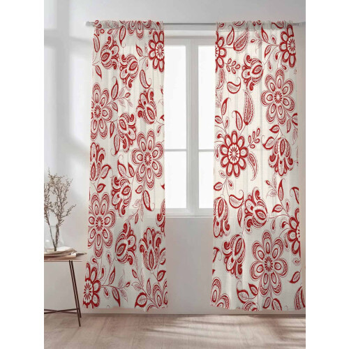 Sheer Curtains Abstract Paisley Red Flower Pattern 52x96 1