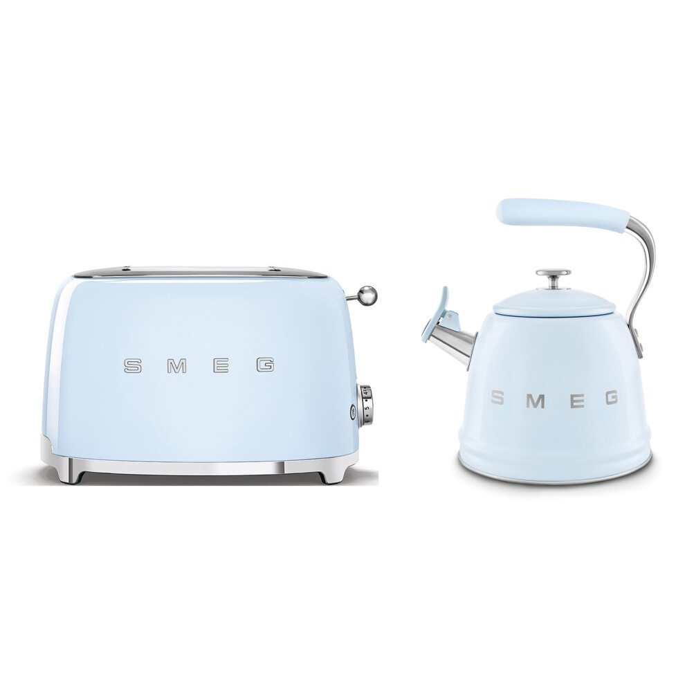 Smeg (Pale Blue) Retro Bundle | Wkf01 Whistling Stovetop Kettle & Tsf01 2-Slice Toaster Set