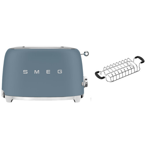 Smeg (Storm Blue) Smeg TSF01 Matte 2 Slice Toaster + TSBW01 Bun Warmer Bundle