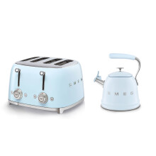 (Pale Blue) Smeg WKF01 Whistling Stovetop Kettle & TSF03 4-Slice Toaster Bundle