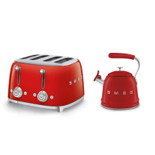 (Red) Smeg WKF01 Whistling Stovetop Kettle & TSF03 4-Slice Toaster Bundle