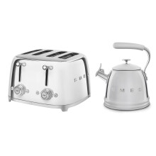 (Stainless Steel) Smeg WKF01 Whistling Stovetop Kettle & TSF03 4-Slice Toaster Bundle