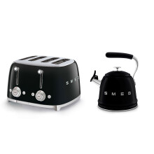 (Black) Smeg WKF01 Whistling Stovetop Kettle & TSF03 4-Slice Toaster Bundle