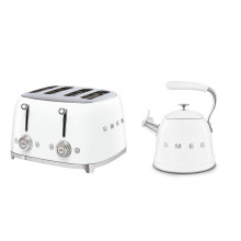 (White) Smeg WKF01 Whistling Stovetop Kettle & TSF03 4-Slice Toaster Bundle
