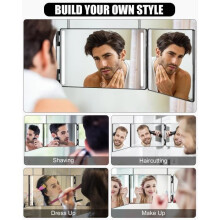 360 Degree 3 Way LED Mirror for Men and Women, Portable Foldable Height Adjustable with Hooks for Hair Styling