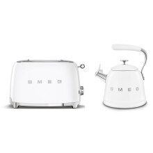 (White) Smeg Retro Bundle | WKF01 Whistling Stovetop Kettle & TSF01 2-Slice Toaster Set