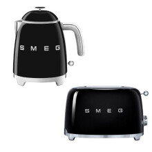 (Black) Smeg KLF05 Retro 50's Style Small Mini Kettle 0.8L & TSF01 2 Slice Toaster Set