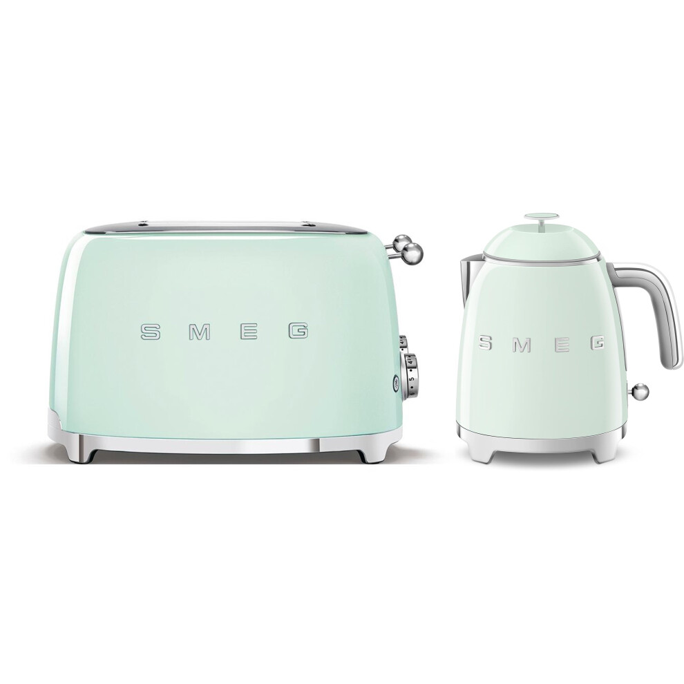 Smeg (Pastel Green) Klf05 Retro 50'S Style Small Mini Kettle 0.8L & Tsf01 2 Slice Toaster Set