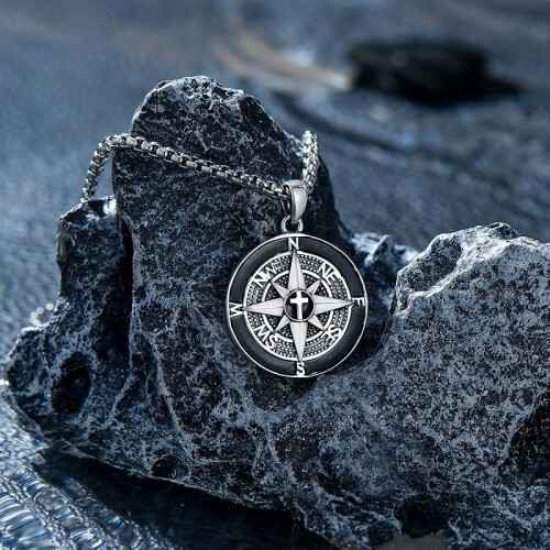 925 Sterling Silver Compass Necklace for Men 22+2 Inch 2