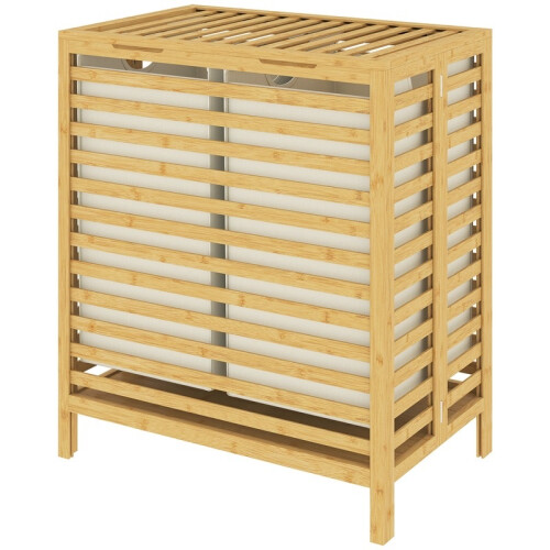 Panier à linge en bambou avec couvercle, 2 compartiments, pliable 64 L 1