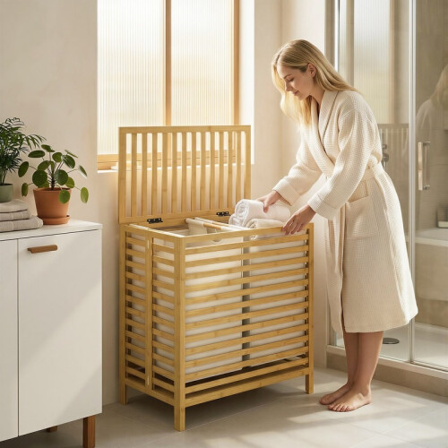 Panier à linge en bambou avec couvercle, 2 compartiments, pliable 64 L 2