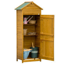 Caseta de herramientas de madera para jardín con 2 estantes y puertas dobles.