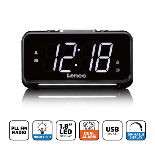 Rádio-relógio FM com visor LED, luz noturna e porta USB. 1