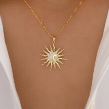 Golden Moon and Sun Pendant Necklace with Rhinestones