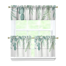 Green Leaves Kitchen Curtains Set with Valance 3 Pieces