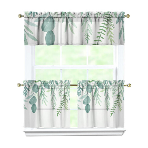 Green Leaves Kitchen Curtains Set with Valance 3 Pieces