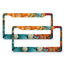 Garden Flower License Plate Frame Teal Orange Aluminum 2 pcs