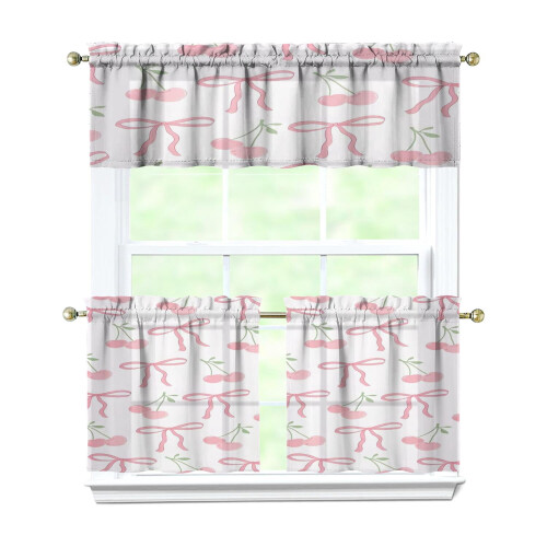 Pink Bow Kitchen Curtains Set with Valance 3-Piece Rod