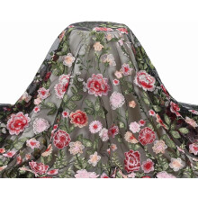 Black Floral Tulle Fabric 1 Yard 49 Inch Embroidered Mesh