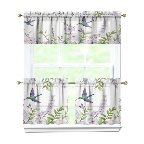 Purple Flower Bird Kitchen Curtains Set 3-Piece