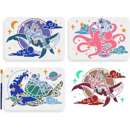Astronaut Ocean Creatures Stencil Set 11.7 x 8.3 Inch 3