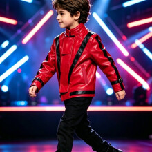 (7-8Y) Boys' Jacket, Replica Moto Style, Adjustable Cuffs, Ideal for Halloween & Holiday Performances, Red & Black