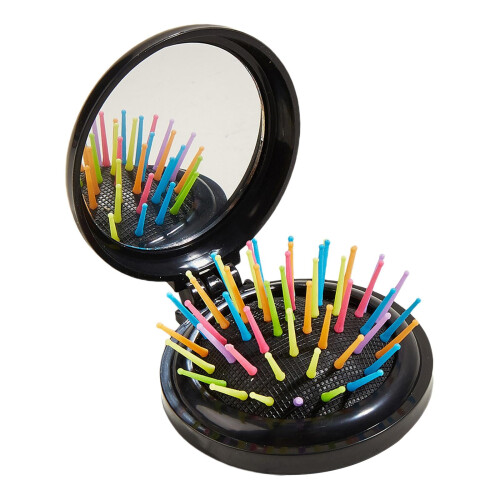 Folding Hair Brush with Mirror Portable Round Black