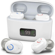 Ein wiederaufladbares Hörgerät mit Noise Cancelling unsichtbarem Hörverstärker für ältere Menschen, gepaart mit einem weißen Nanogurt-L