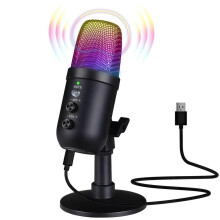 Datamaskinmikrofoner, USB-mikrofon med støydemping, RGB-belysning, mute-knapp, hodetelefonkontakt, for strømming av podkaststudioer