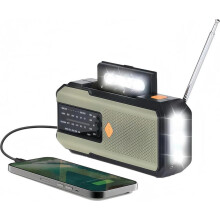 Solcelledrevet nødradio med håndsveiv og 5000 mAh batteri, med integrert LED-lommelykt, SOS-alarm og AM/FM-værradio, powerbank