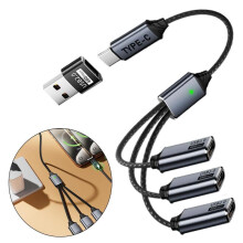 USB-C-splitter (1 inn, 3 ut), USB Type-C multiport, USB-C dobbelpluggadapterkabel, data og lading, med USB-adapter