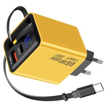 65W GaN 3-i-1 USB-C-lader med uttrekkbar kabel (65 cm) – USB-C + USB-A, gul – kompatibel med MacBook, iPhone, Galaxy og Switch