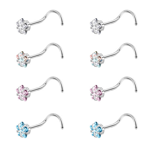 CZ Nose Studs Stainless Steel Corkscrew 8 pcs