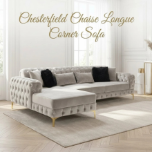 (Right Hand Chaise, Velvet Silver) Luxury Chesterfield Chaise Sofa Longue Velvet L Shape Corner Settee Couch Loveseat