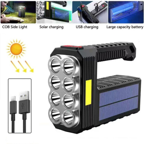Solar-powered USB rechargeable 8 LED high-power flashlight, portable LED outdoor searchlight:Solar Charging 1