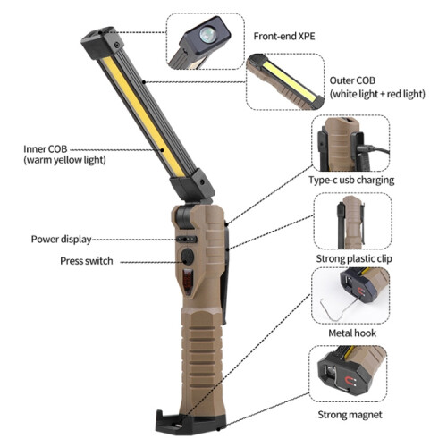 Ft20 Double-Sided Cob Folding Work Light With Strong Magnet And 3 Light Sources - High-Intensity Emergency Flashlight/Inspection Light (Color: Khaki) 2