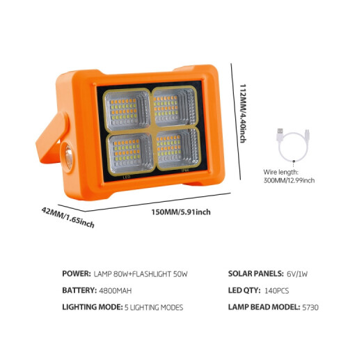 Solar-powered floodlight, portable flashlight, emergency work light (orange):144 LEDs 2