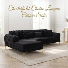 (Left Hand Chaise, Velvet Black) Luxury Chesterfield Chaise Sofa Longue Velvet L Shape Corner Settee Couch Loveseat