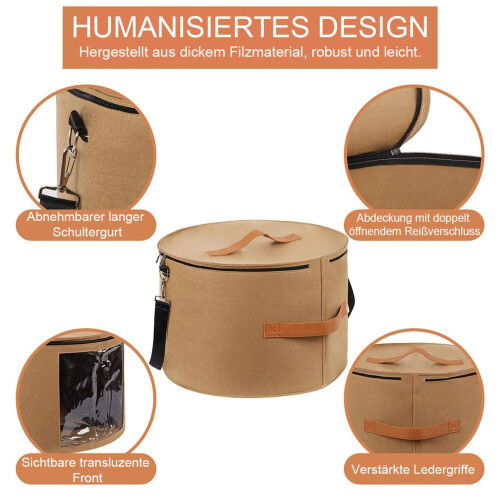 Round felt hat storage box, 45 cm, foldable with zipper, viewing window and carrying strap 1