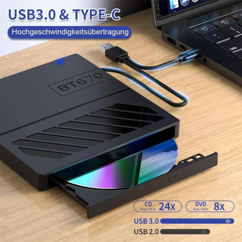 7-in-1 External CD/DVD Drive, USB, Ultra Slim, Portable, Slot-Loading, Compatible with Windows, Linux, MacBook & PC 2