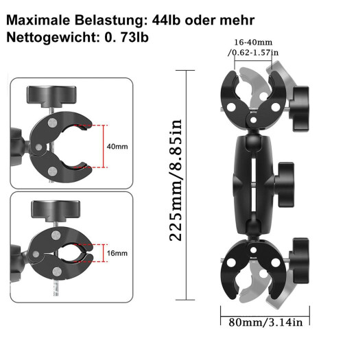 Camera clamp mount 8cm, double clamp with 360 ball head, adjustable action camera mount for bicycle handlebars 2