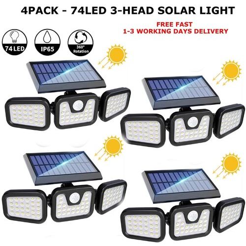 HEAD 3-Head 74 LED Solar Powered PIR Motion Sensor Wall Garden Security Flood Lamp