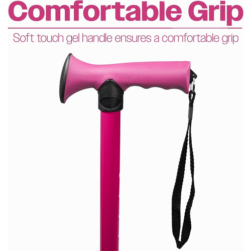 Folding Adjustable Aluminium Walking Stick with Ergonomic Rubber Handle - Pink