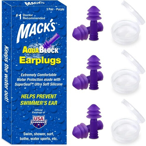 Mack's AquaBlock Swimming Earplugs, 3 Pair Purple